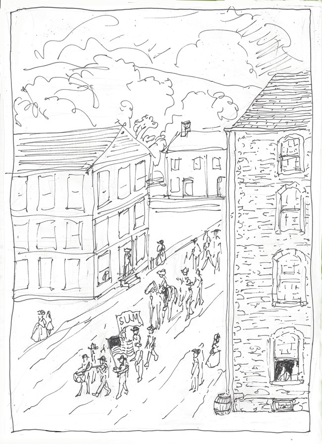 Uncolored hand drawing of a parade of people in the late 1700s marching between peak-roofed buildings, carrying an American flag & a flag reading "SUM"