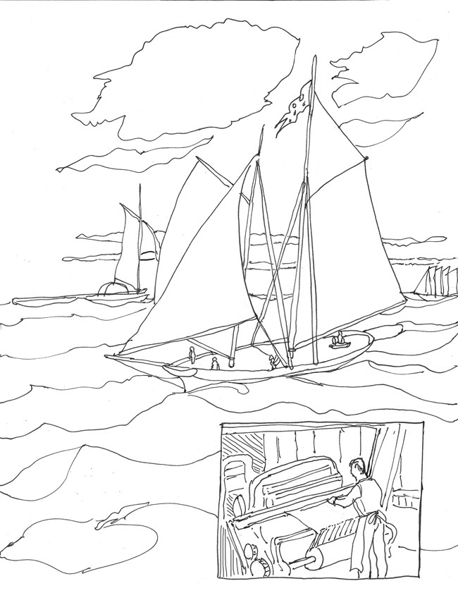 Uncolored drawing of sailing ships - an inset at bottom right shows a worker at a power loom producing sailcloth