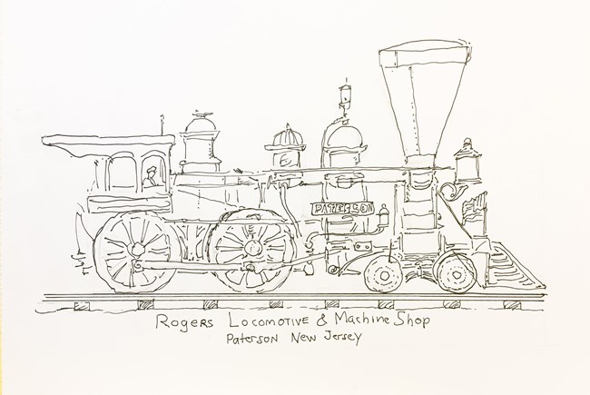 An uncolored drawing of an 1860s 4-4-0 American steam locomotive named "Paterson," a large cowcatcher & "diamond" funnel at the front
