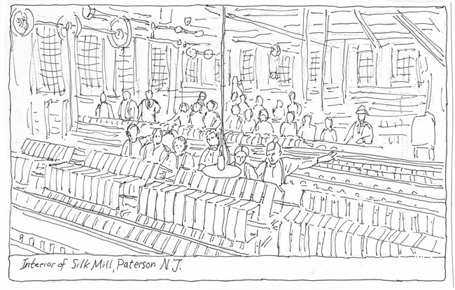 Uncolored drawing of the interior of a Paterson silk mill - workers operate silk looms and creels powered by overhead belts & shafts