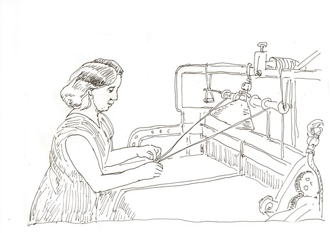 Uncolored drawing of a woman working on the threads wound on a power loom