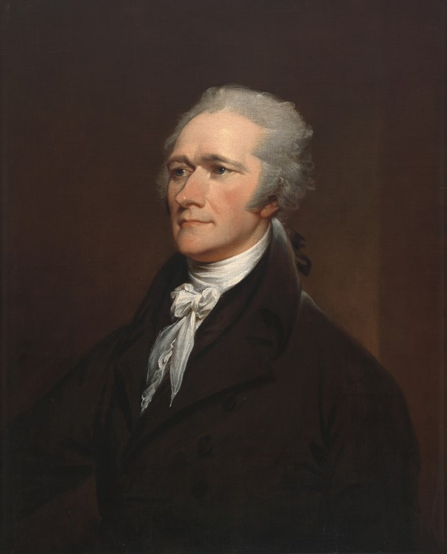 Painting of Alexander Hamilton - the greyish haired man wears a dark coat and white cravat