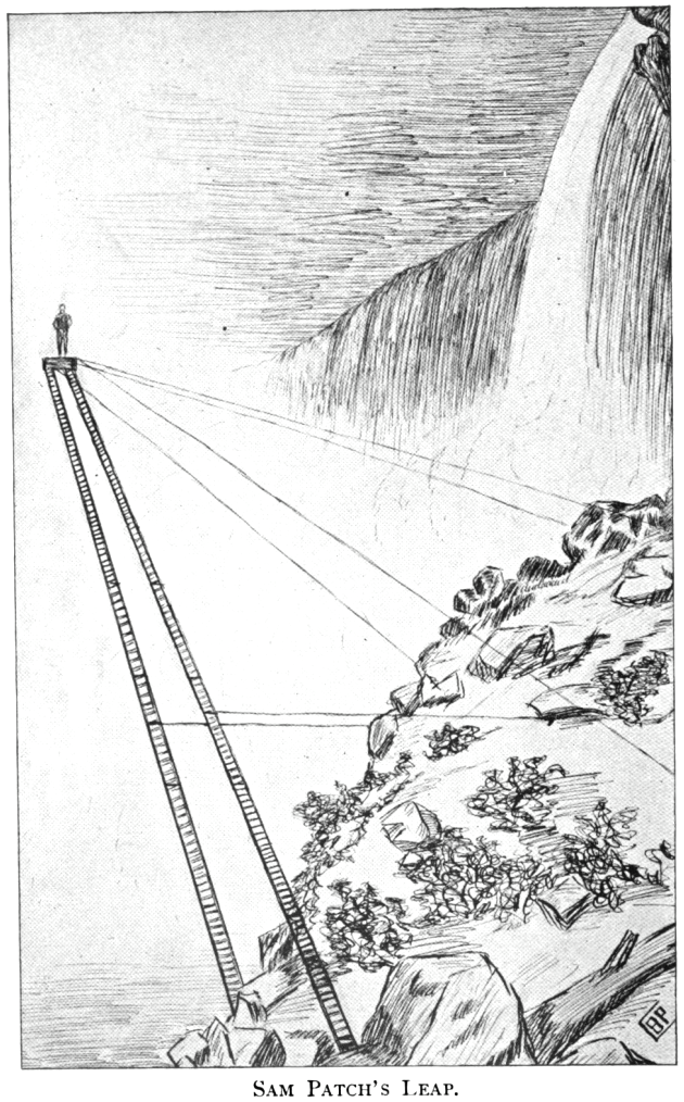 Drawing of Sam Patch stand one of his many ladder, platform creations built for his jump.