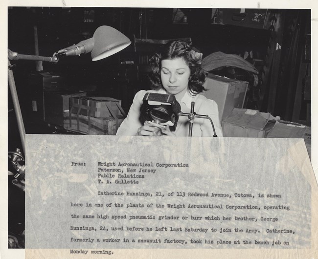 1940s photo of a woman working on a pneumatic grinder - a Wright Aeronautical Corp. public relations clipping highlights her as Catherine Hunzinga, taking her brother's assembly line job after he enlisted