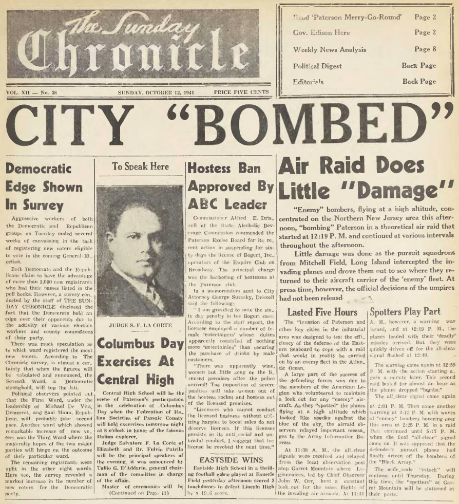 Sunday, Oct. 12th, 1941 Sunday Chronicle newspaper with the headline "City 'Bombed,' Air Raid Does Little 'Damage'" & an article describing air raid drills over Paterson NJ
