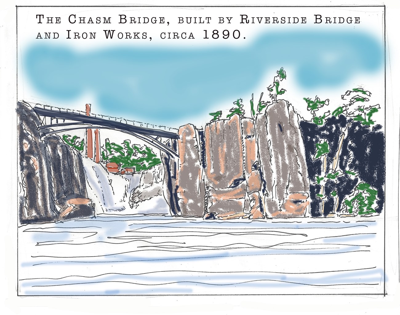 A hand-drawn view of "The Chasm Bridge, Built by Riverside Bridge & Iron Works, Circa 1890" - water falls 77 ft down a chasm spanned by an arched black metal bridge with red brick industrial buildings in the far background