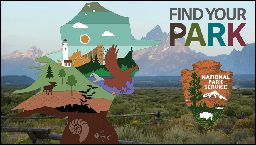 The outline of a female park ranger at left is filled with icons of wildlife, landscapes, & structures representing all of the National Park Service sites, superimposed over a prairie landscape with mountains in the distance. An NPS arrowhead & "Find Your