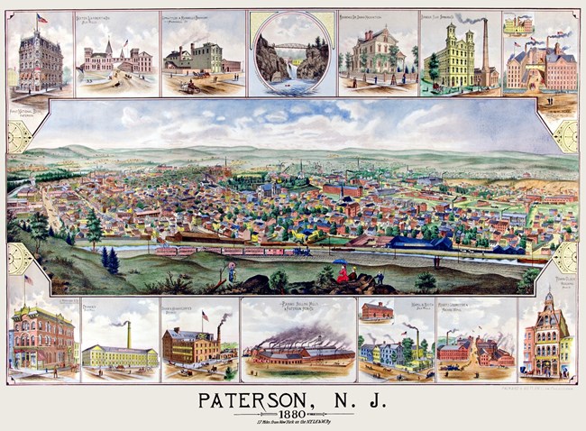 A colored illustrated map of Paterson NJ from 1880, a bustling city seen from Garret Mountain full of homes, large buildings, and bustling industries. Examples are featured: breweries, silk mills, iron rolling factories, ornate buildings, and banks