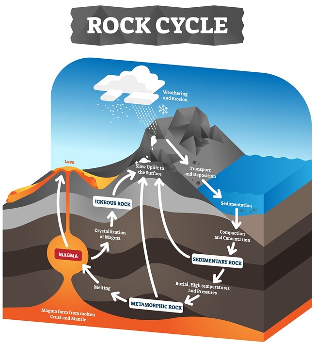 A cross-section of the earth, with molten igneous, compacted sedimentary, & compressed & heated metamorphic rocks changing into each other through time, erosion, weathering, heat, & pressure