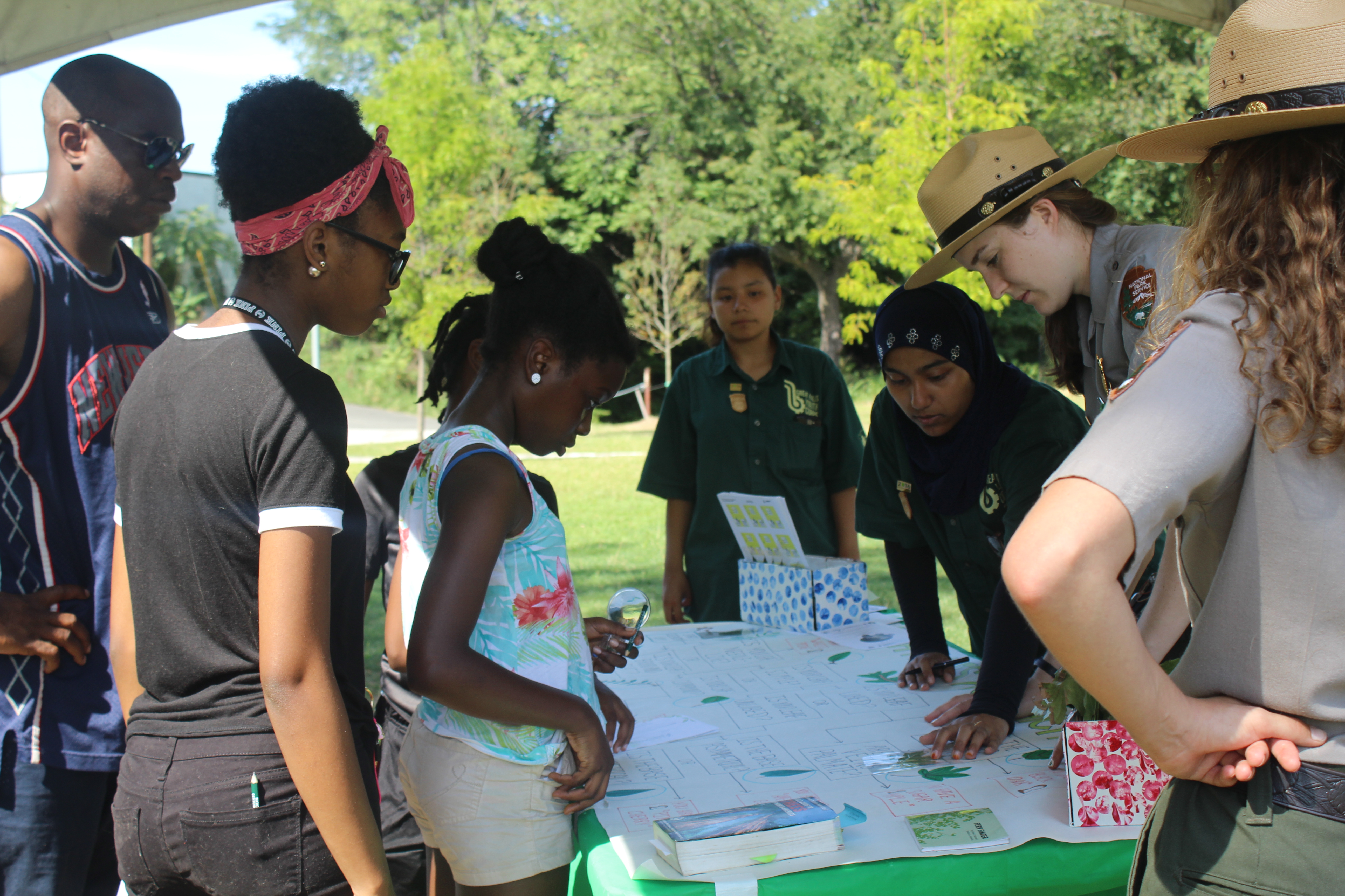 Park Rangers demonstrating how to use a dichotomous key.