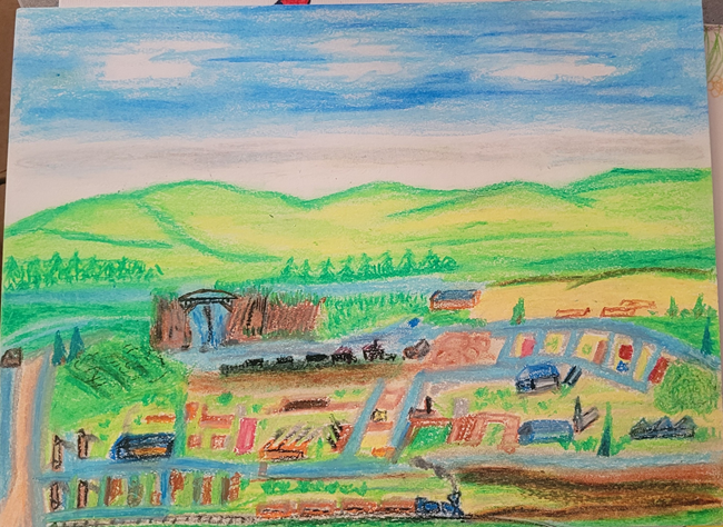 A landscape of Paterson with a waterfall and water flowing through a raceway system. Factories are on the side of the raceway stem.