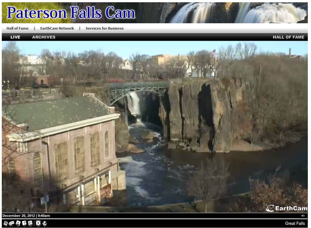 Enjoy the sites and sounds of the Great Falls of the Passaic through the lens of the Paterson Falls Cam
