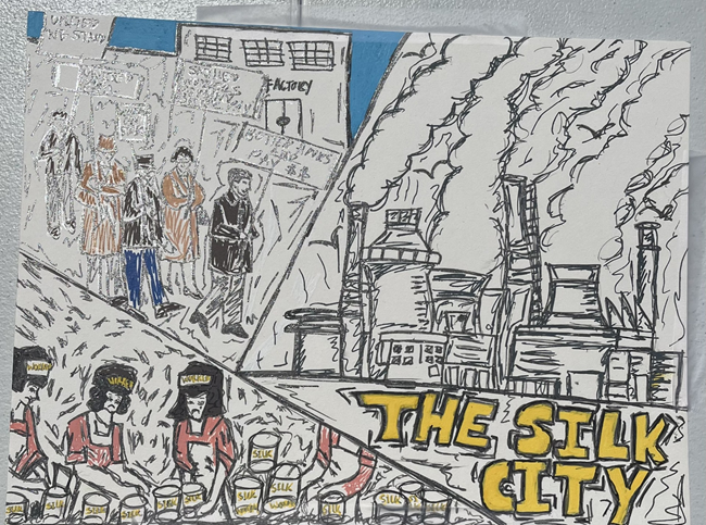 In the top left there are people holding picket signs striking. On the top right there are silk factories. On the bottom there are people creating silk.