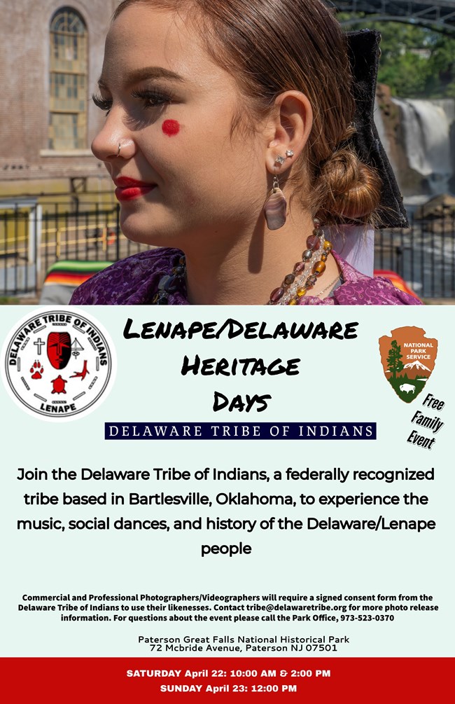 A woman w/ a red dot on her cheek, a purple dress, & a colored stone earring & necklaces - a waterfall is in the background. Seals for the Delaware Tribe of Indians & the National Park Service Arrowhead flank the noted details for the Heritage Day