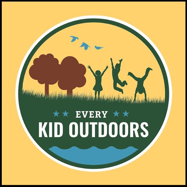 Yellow, green, blue, & brown Every Kid Outdoors logo - children in silhouette jumping & playing in a field beside trees as birds fly overhead