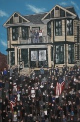This painting is a depiction of strikers gathered outside of the Botto House in Haledon, New Jersey. This painting is a depiction of strikers gathered outside of the Botto House in Haledon, New Jersey.