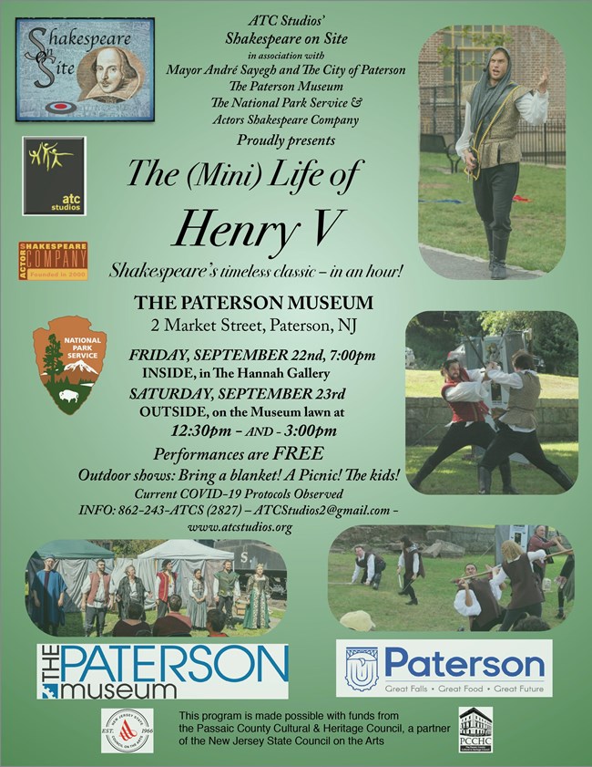 Flier advertising Shakespeare On-Site Program at the Paterson Museum, 2 Market Street, Paterson, NJ