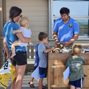 A volunteer taking to a family about shells.