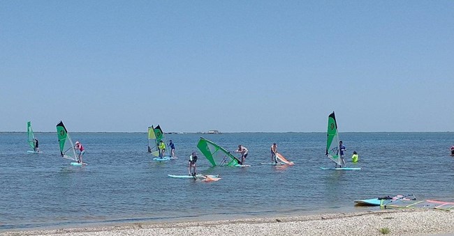 A group of people learning to windsurf