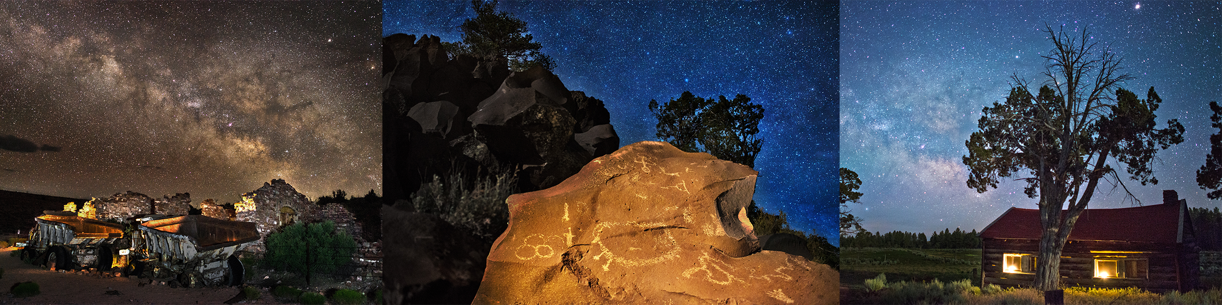 Composite of three images against a starry night sky: pictographs, a homestead cabin, and mining trucks.