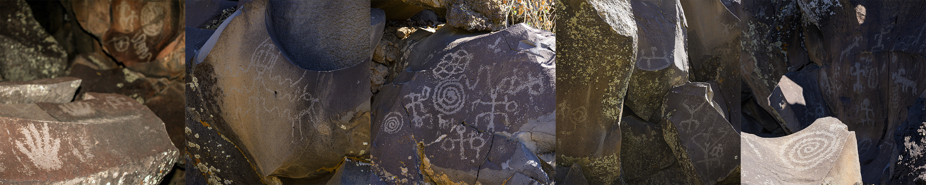 Geometric designs, spirals, handprints, anthropomorphs (human-like figures) and zoomorphs (animal-like figures) on basalt rock.