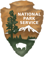 Brown textured arrowhead logo, point down. At top right, white text, National Park Service. At left, a tall tree. At bottom, a white bison stands on a green field ending in a distant tree line, a white lake at right. A snow-capped mountain towers behind.