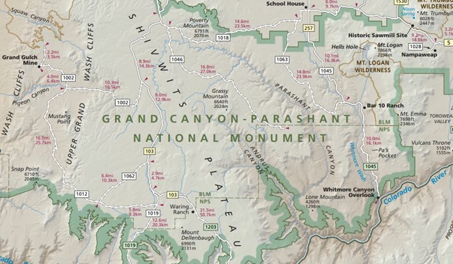 Section of the Parashant Map showing the center of the monument and the text Grand Canyon-Parashant