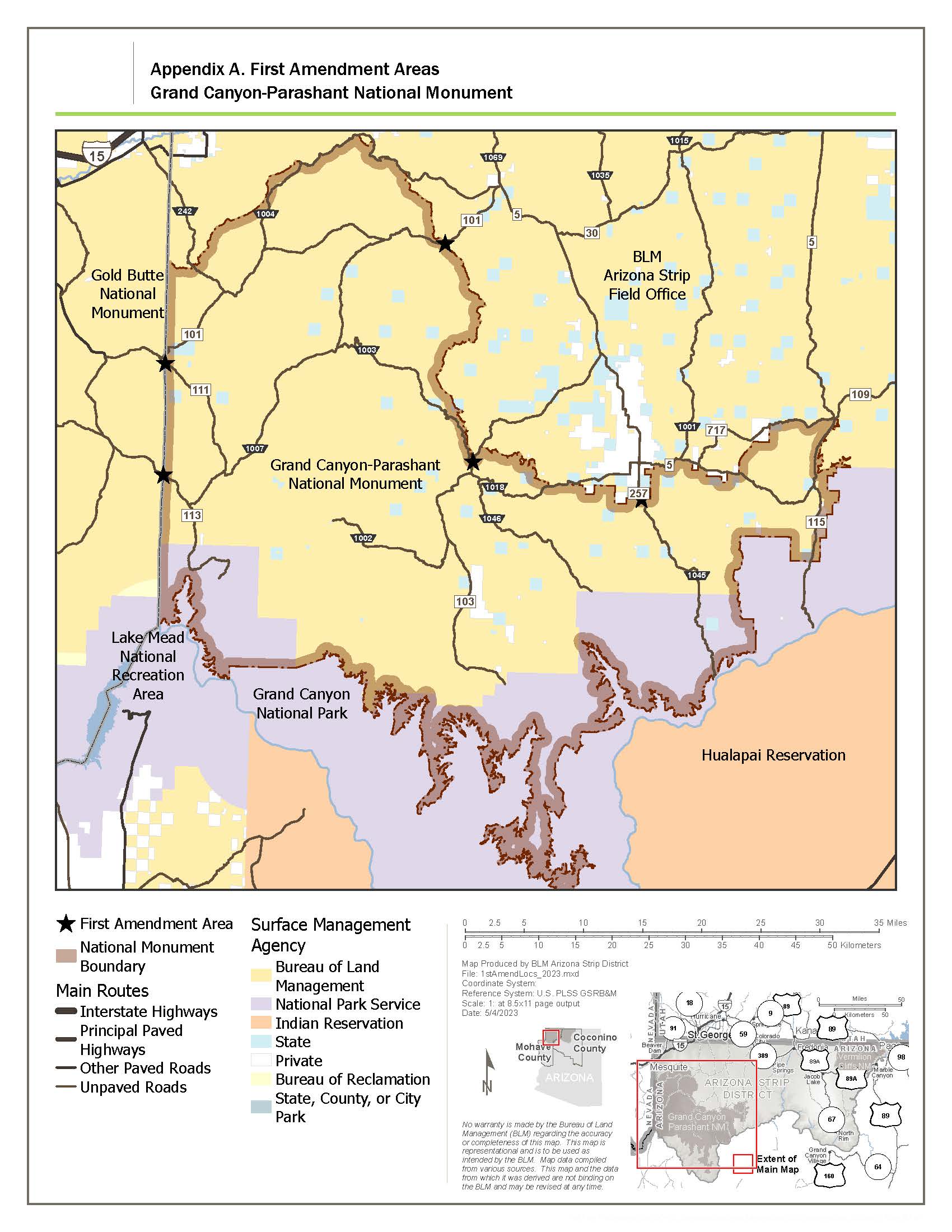 A map of Parashant National Monument highlighting various first amendment areas