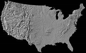Map of the United States in shaded relief to show elevation