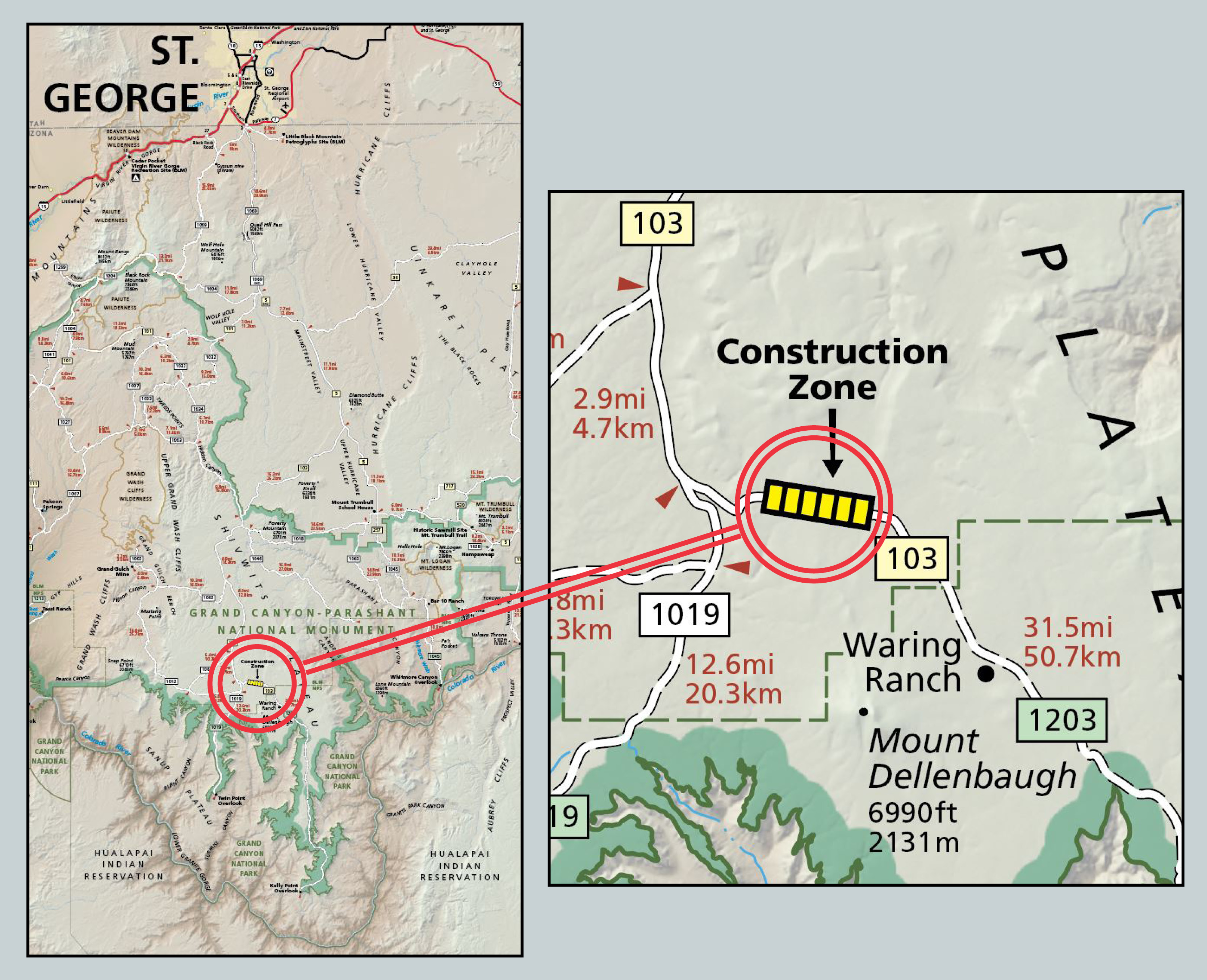 Map and inset map showing location of construction in the monument