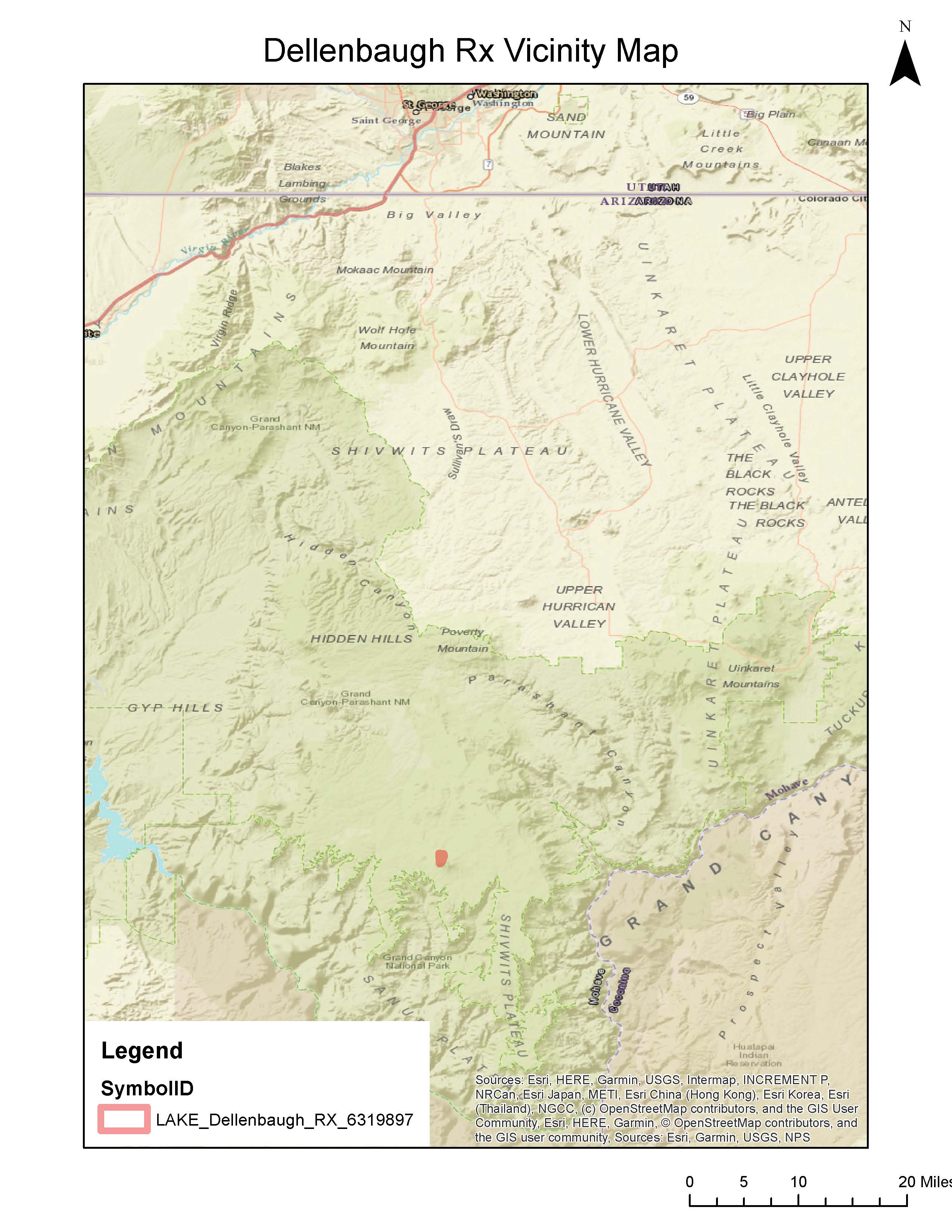 Map of the LAKE_Dellenbaugh_RX_6319897 prescribed burn area. For further information on the prescribed fire please call the Grand Canyon - Parashant Fire Management information line at 702-293-8676.