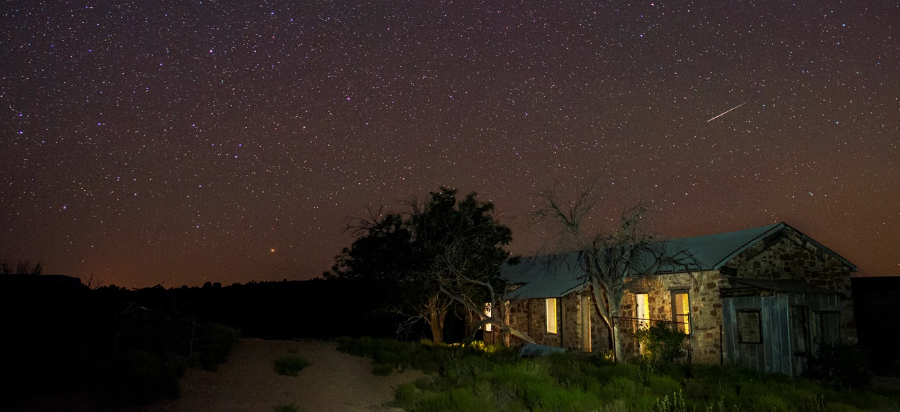 Bunkhouse_GrandGulch_20160607_P20404 Stars and a shooting star above the historic bunkhouse ruin