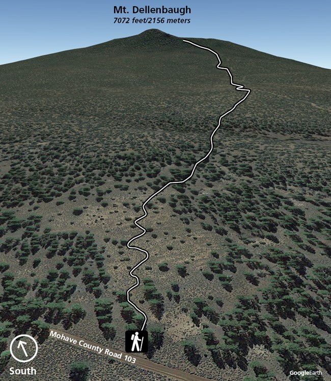 Topographic map showing the trail up the mountain