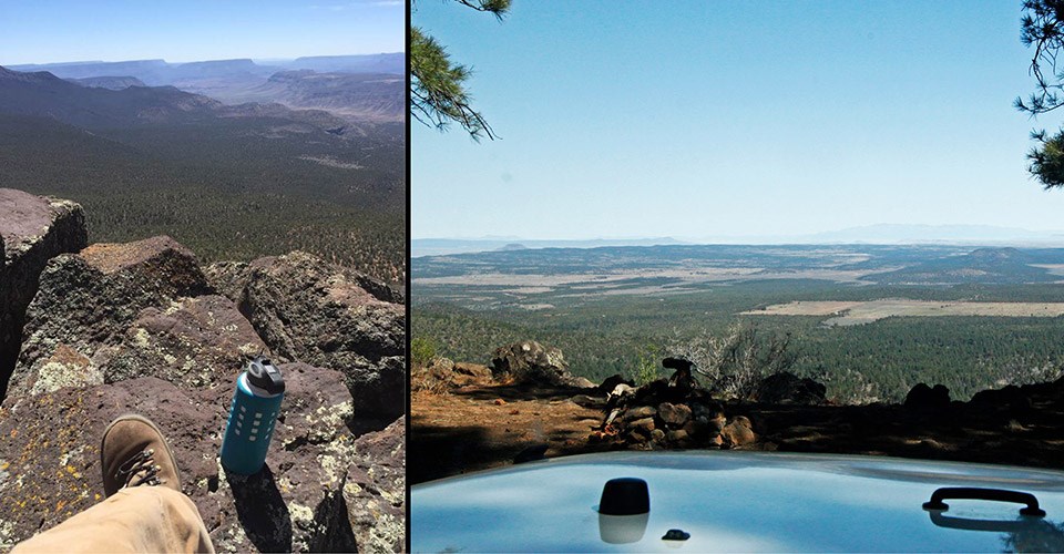 Two images side by side. Cliff edge with view into Grand Canyon. Second photo through truck window to mountains 60 miles away
