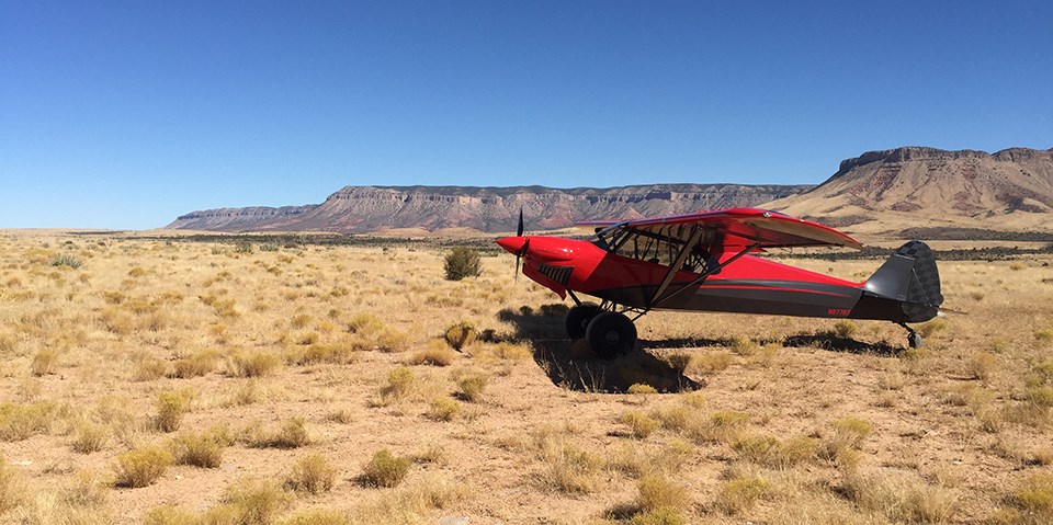 small backcountry plane on Grand Gulch Mine airstrip