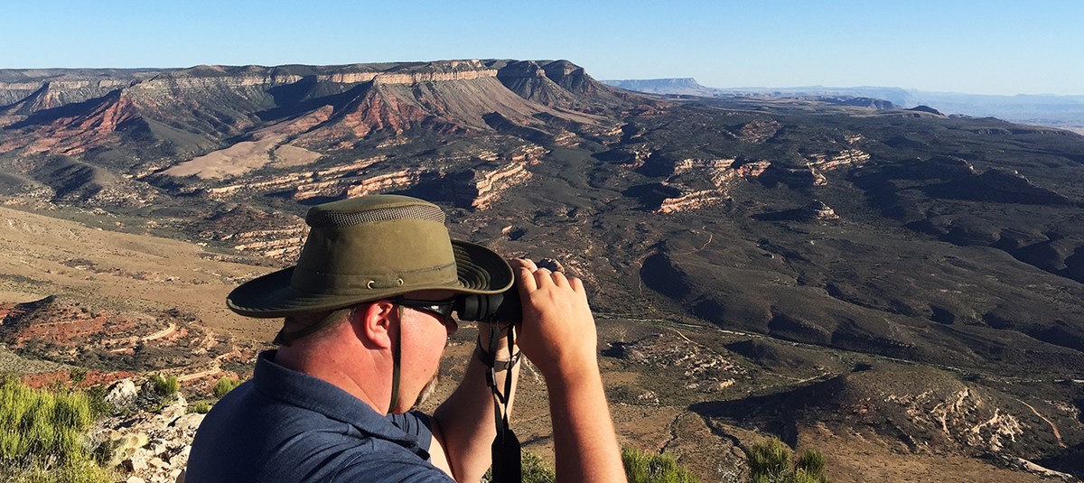 Visitor looks into the Pakoon Basin with binoculars Visitor looks into the Pakoon Basin with binoculars