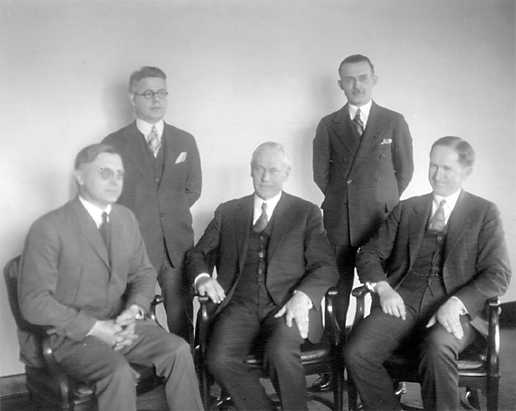 Stephen Tyng Mather and his staff in Washington, D.C., 1927 or 1928. From left to right, Arno B. Cammerer, Arthur E. Demaray, Stephen T. Mather, George A. Moskey and Horace M. Albright