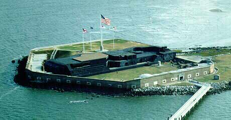 This is an image of Fort Sumter National Monument surrounding by the ocean at National Park