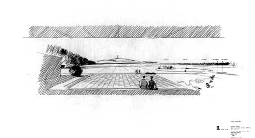 preliminary drawing viewing the memorial and flight markers from the terrace : Wright Brothers Visitor Center
