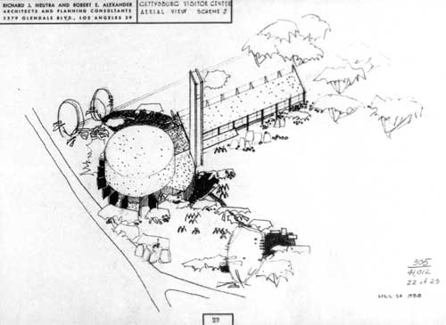 aerial view of preliminary drawing for the visitor center