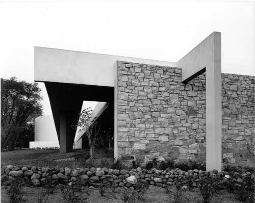 Stone panel and stone wall on the south
end of the office wing