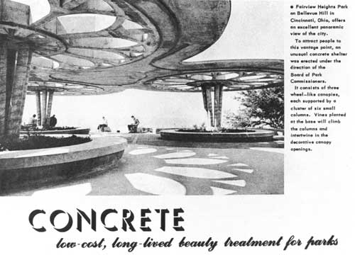 Concrete low-cost, long-lived beauty treatment for parks: showing unusual concrete shelter consisting of 3 wheel-like canopies supported by a charter of small columns.