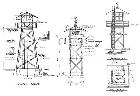 Watch tower designs at Tule Lake, left 1942, middle and right 1943