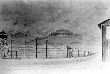 Evacuee painting of the lighted perimeter fence at Tule Lake