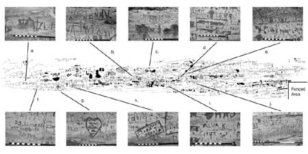 Selected World War II-era inscriptions on the cliff face at Petroglyph Point