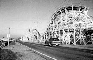 Wooden frame roller coaster at the Puyallup Fairground today