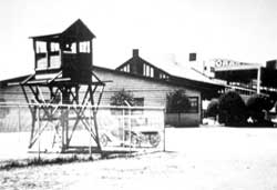 Converted horse stalls and barracks at the Tanforan Assembly Center