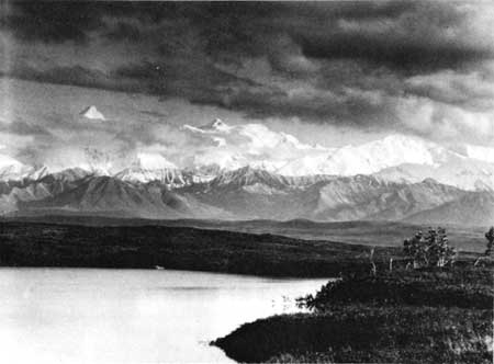 alpine pond with Alaska Range in background