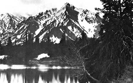 shallow lake below Cathedral Mountain