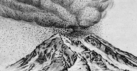 sketch of Mount Rainier erupting